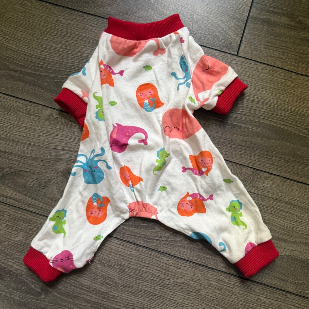 Small Dog Pajamas Mermaid Ocean Print White Red Ribbed Trim Onesie Sleepwear S